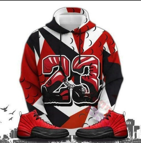 Design Number 23 Match Air Jordan 12 Reverse Flu Game Hoodie 3D